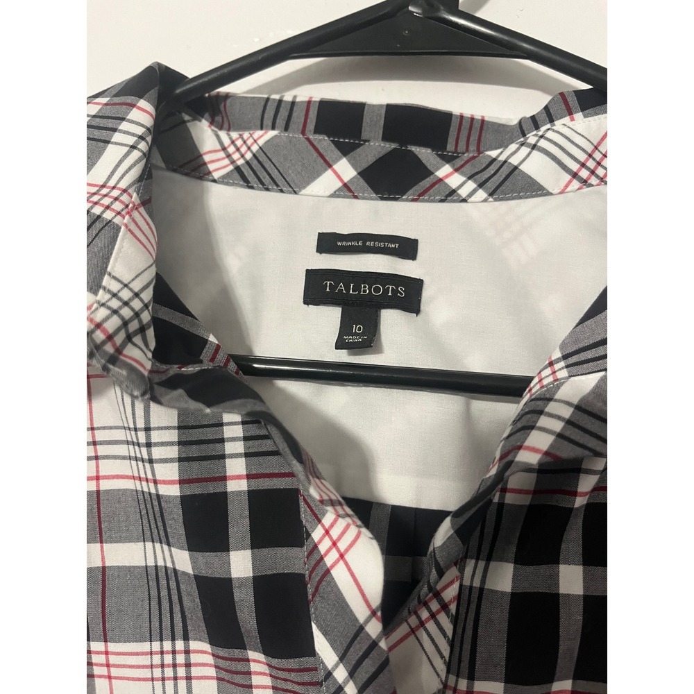 Talbots Womens Black White Red Plaid Wrinkle Resistant Popover Tunic Top Size 10 - Picture 2 of 6